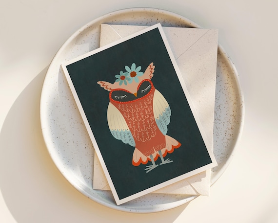 Cute Folk Art Owl - Illustration Art - Scandinavian - Ink Drawing - blank inside - Boho - nature - notecards - greeting cards any occasion