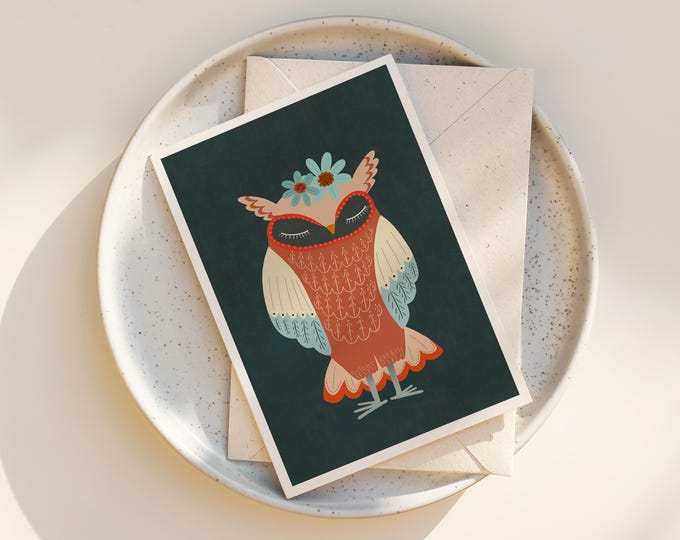 "Sleepy Maribel Owl" - Whimsical Folk Art Greeting Cards, any occasion
