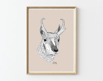 Modern Pronghorn Wall Art Print | Antelope wall art | pronghorn art |  Wildlife drawing | boho wall art | Large wall art | boho art prints