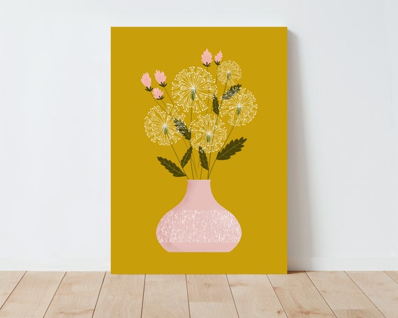 Folk Art Dandelions Illustration Print - Dandelion wall art - Floral Wall Art - Scandinavian Decor - Boho Decor - Farmhouse Decor - Flowers