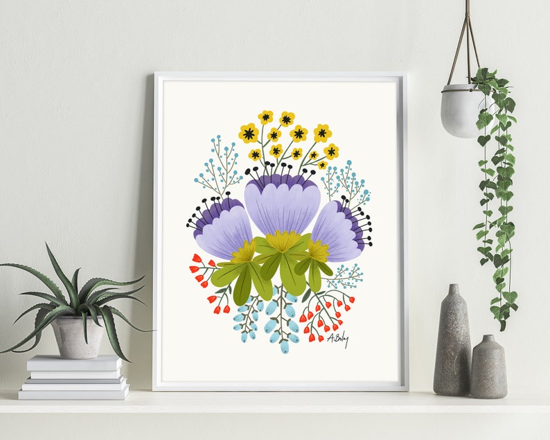 Lilac Bloom Art Print: Folk Art Scandinavian Floral Wall Decor - Etsy