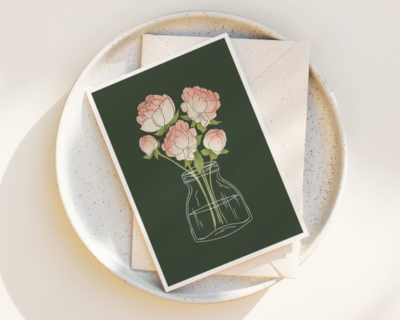 Pink Peonies Nature Illustration Greeting Cards - Cards with Envelopes - Set of Notecards - Cute - Any Occasion - Floral - Blank Inside