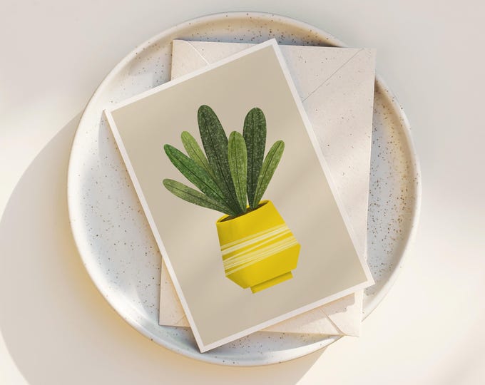 Potted Plant Note Card: Mid-Century Modern Yellow Planter