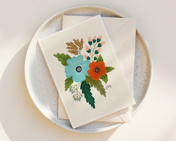 Folk Art Flowers Greeting Cards - Floral Notecards - Set of Greeting Cards - Whimsical - Cute - Any Occasion - Blank inside - botanical card