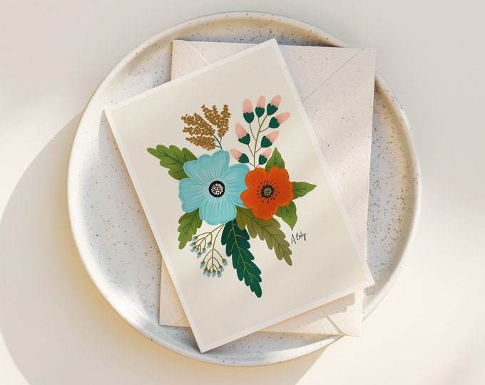 Folk Art Flowers Greeting Card Set: Whimsical Floral Notecards