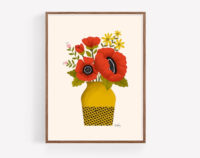 Red Floral Bouquet Print: Scandinavian Folk Art Illustration