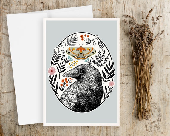 Folk Art Raven and Moth Notecards - Any Occasion Note Card with Envelope - Floral notecards - Simple Artwork - Illustration Art - Folk Art