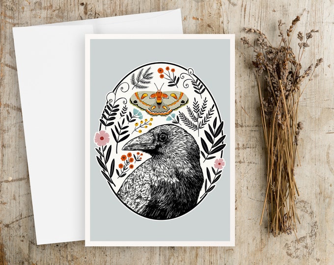 Folk Art Raven & Moth Notecard: Woodland Illustration