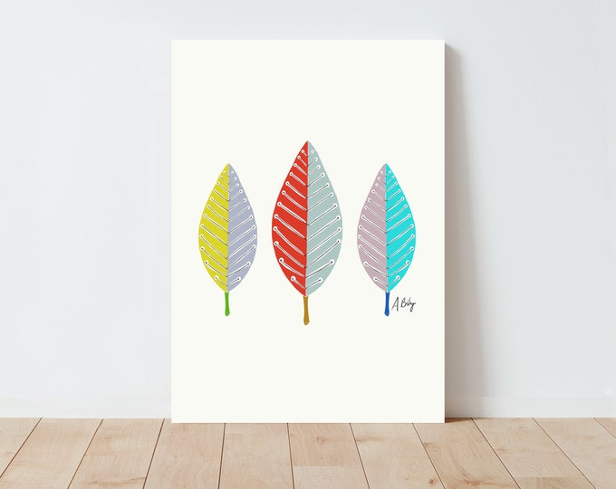 "Leaves Trio No. 2" - Scandinavian Leaves Art Print: Folk Art Illustration