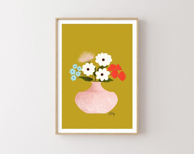 Floral Illustration Print: Mid-Century Modern Vase, Scandinavian Decor