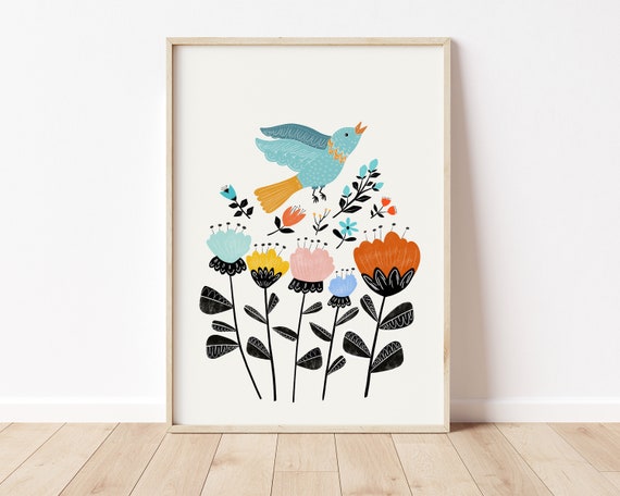 Scandinavian Garden Wall Art Print - Folk Art - Flowers - Floral - Abstract - Boho Decor - Boho Art - Illustration Print - Large wall art