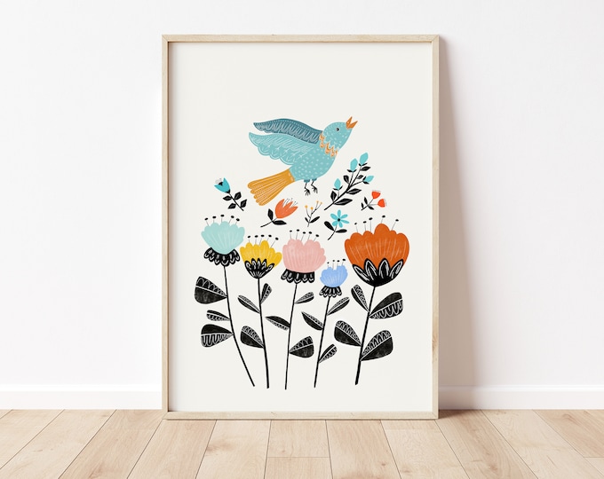 Scandinavian Floral Art Print: Abstract Bird & Flowers Illustration