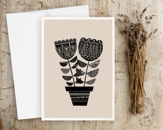 Folk Art Flowers Greeting Cards - Nature - Boho - Note Cards - Blank - Simple - With Envelopes - Black and Beige - Scandinavian - floral art