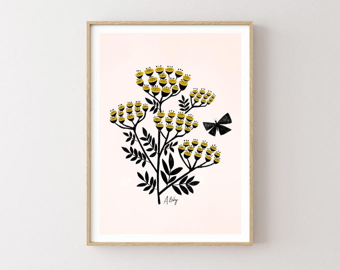 "Buds and Butterflies" - Mid Century Botanical Art Print, Floral Wall Decor, Modern Folk Art Flower Print, Geometric Butterfly Illustration