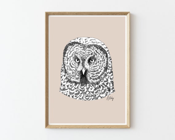 Gray Owl Art Print | Animal Wall Art | Customizable Prints | Drawing | owl wall art | Nature Prints | Large Wall Art | modern owl wall art