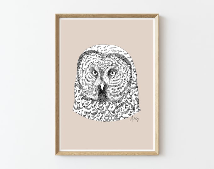 Gray Owl Art Print | Animal Wall Art | Customizable Prints | Drawing | owl wall art | Nature Prints | Large Wall Art | modern owl wall art