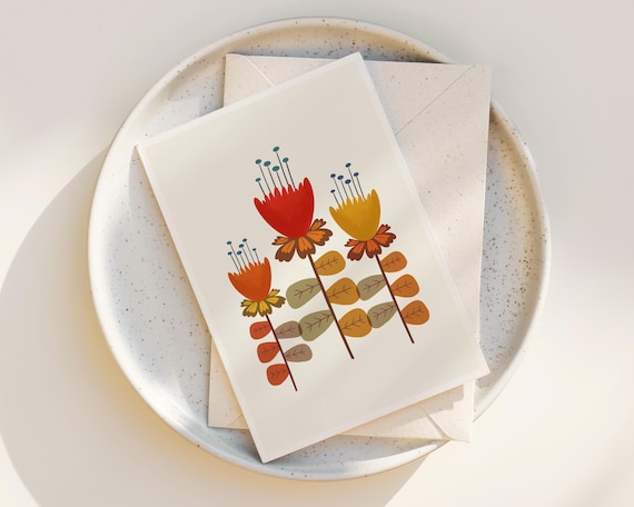 Scandinavian Flowers Note Cards - Folk Art - Abstract Flowers - Greeting Card - Notecards with envelopes - simple mid century modern flowers