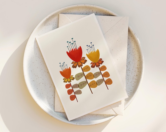 Mid-Century Modern Floral Note Cards: Scandinavian Folk Art Greeting Cards
