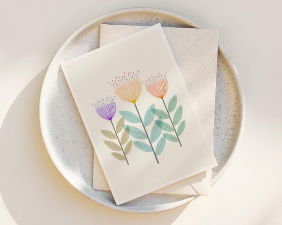 Scandinavian Flowers Note Cards - Folk Art - Abstract Flowers - Greeting Card - Notecards with envelopes - simple mid century modern flowers