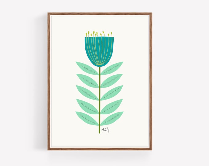 "Mid Mod Flower No. 4" - Whimsical Scandinavian Floral Illustration - Folk Art Flowers Wall Art