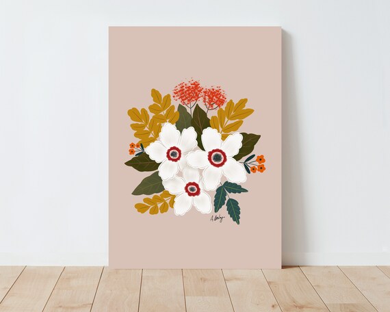 Folk Art Floral Illustration Print - botanical wall art - Scandinavian Art - Nature wall art - Modern wall art - Flower art - cottage core