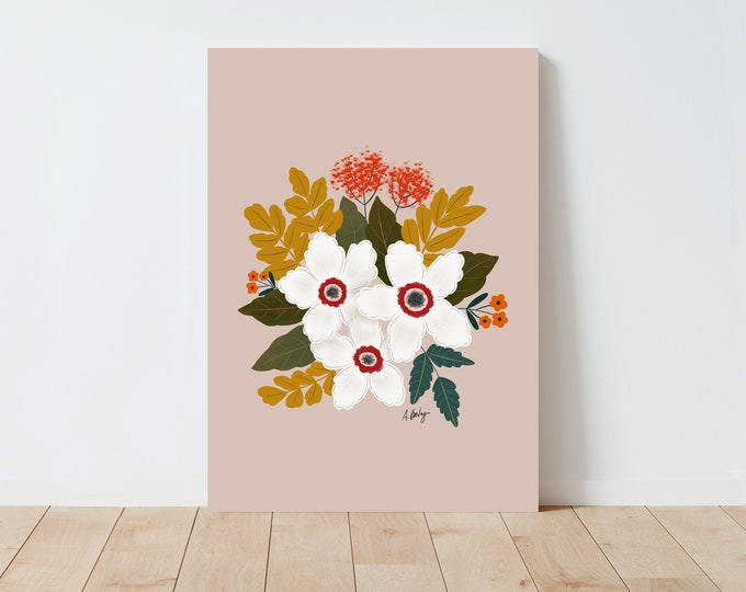 Floral Illustration Print: Scandinavian Folk Art, Botanical Wall Decor
