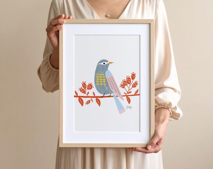 Scandinavian Bird Print: Folk Art Botanical Illustration