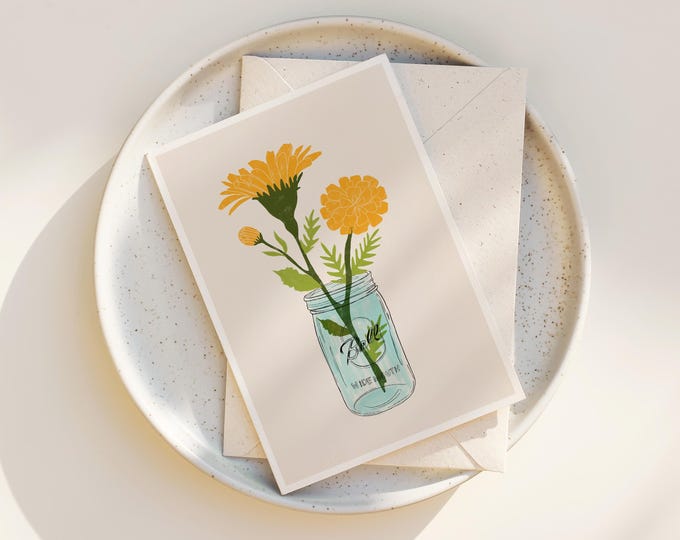 "Mason Jar Marigolds" - Folk Art Floral Greeting Cards, Marigold Note Cards, any occasion