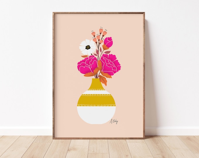 "Golden" - Pink Floral Art Print, Mid Century Modern Botanical Wall Decor, Retro Flowers in Mustard Yellow Vase, Bright Boho Wall Art
