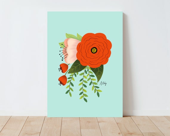 Folk Art Flowers Illustration Print - Scandinavian Art - Farmhouse Decor - Simple Artwork - Flower wall art - large wall art - abstract