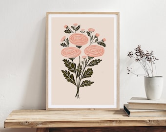 Ranunculus Botanical Illustration Print - Simple Artwork - Folk Art - Preppy Wall Art - Botanical Wall art - Nature Prints - Art for Her