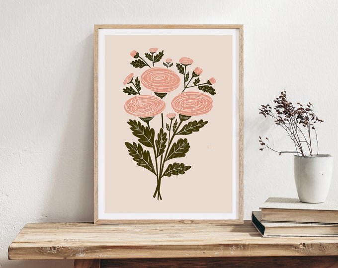 "Ranunculus Bouquet" - Whimsical Folk Art Print: Scandinavian Botanical Illustration