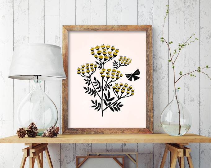 "Buds and Butterflies" - Whimsical Folk Flowers Wall Art - Scandinavian Decor - Floral Hygge Dopamine Decor - Butterflies
