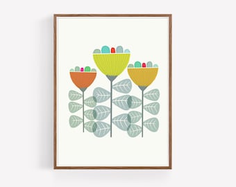 Folk Art - Flower Print - Illustration Print - Scandiavian Wall Art - Flower wall art - Scandinavian Decor - Living Room Wall Art - Floral