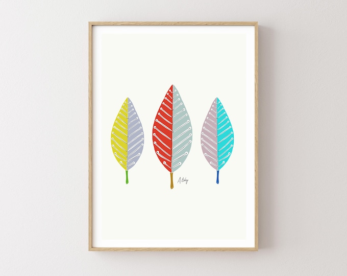 "Leaves Trio No. 2" - Hand-Drawn Botanical Leaf Art Print, Minimalist Folk Art Style Illustration, Scandinavian Nature Decor, Pastel Leaves