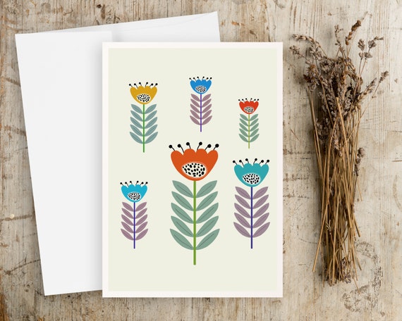 Scandinavian Flower Note Cards - Folk Art - Abstract Flowers - Greeting Cards - Notecards with envelopes - simple artwork - Notecard set