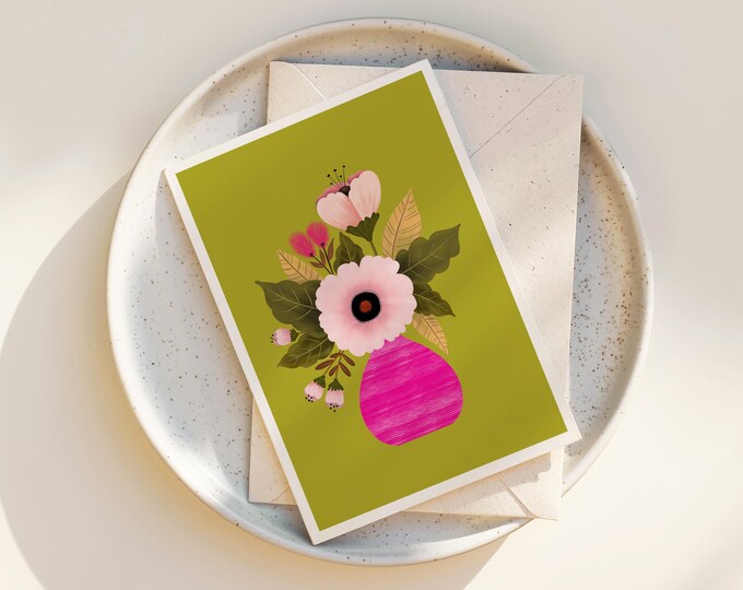 "Hot Pink" - Cute Whimsical Flowers Note Cards