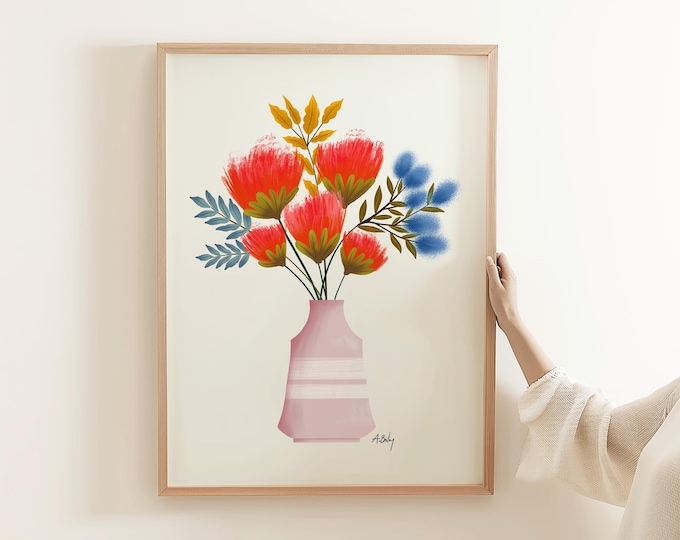 Floral Bouquet Art Print: Whimsical Flowers in Pink Vase