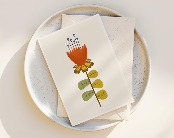 Mid-Century Modern Flower Greeting Card Set: Folk Art Floral Note Cards