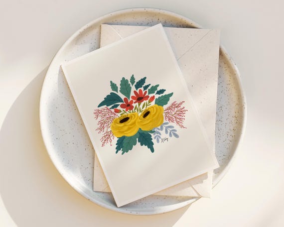 Cute Folk Art Flowers Note Cards - Floral Greeting Cards - Blank inside any occasion - Set of Note Cards -  Yellow Roses - Scandinavian