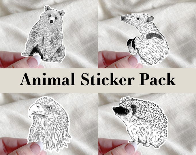 Animal Vinyl Sticker Set – Grizzly Bear, Anteater, Eagle, Hedgehog