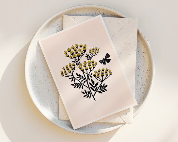 Scandinavian Flowers and Butterfly Greeting Card - Blank Inside - Whimsical note cards - floral notecards - greeting card set - nature