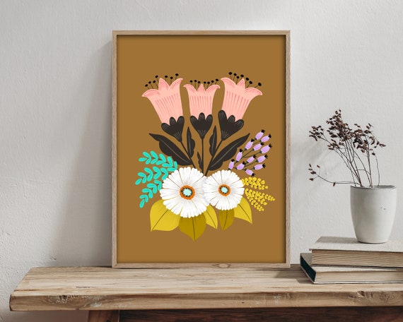"Midsummer Bouquet" - Folk Art Flower Print: Whimsical Flowers Wall Art - Scandinavian Botanical Illustration - Floral Hygge Dopamine Decor