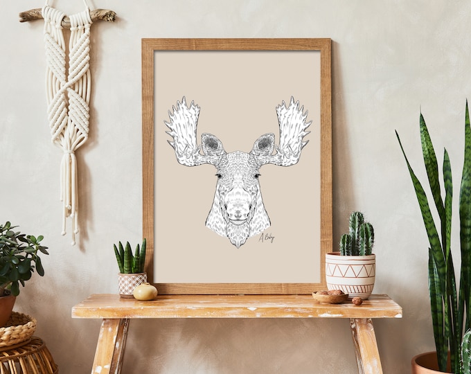 "Moose Portrait" - Modern Moose Ink Drawing Print - Simple Wildlife Illustration wall art