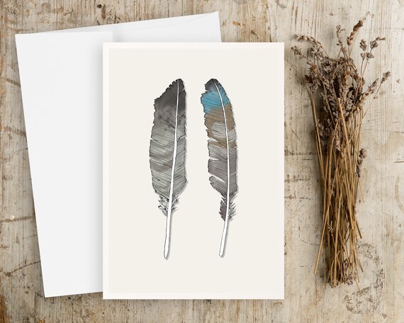 Watercolor Feathers Greeting Card with Envelope - Greeting Card Set - Note card set - Feathers - Watercolor - Nature Art - Simple Artwork