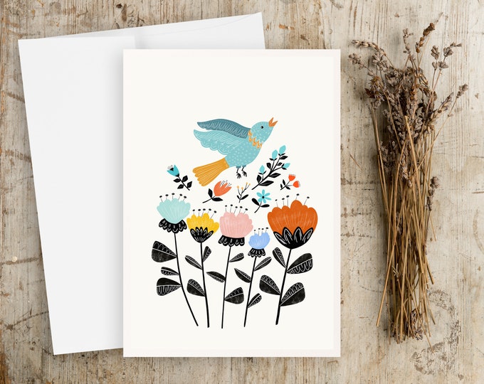 Scandinavian Floral Greeting Card: Bird & Abstract Flowers