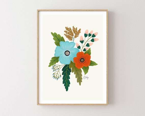 Cute Simple Folk Art Flowers - Colourful Quirky Handrawn Art - Colourful Art, Bright Colourful Art Print, Modern Art Print, Gallery Wall
