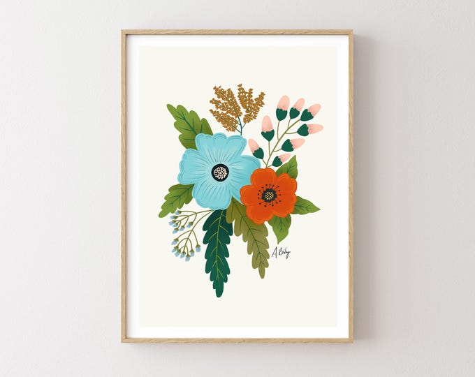 Folk Art Flowers Print: Scandinavian Hygge Wall Decor