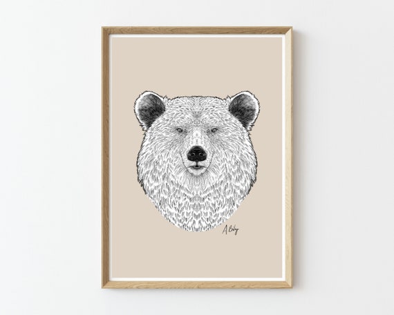 Modern Grizzly Wall Art Print | Grizzly Bear Art | Bear Art Print | Large Wall Art | Abstract Bear Print | Boho Wall Art | Pencil Drawing