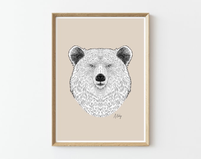 Modern Grizzly Wall Art Print | Grizzly Bear Art | Bear Art Print | Large Wall Art | Abstract Bear Print | Boho Wall Art | Pencil Drawing